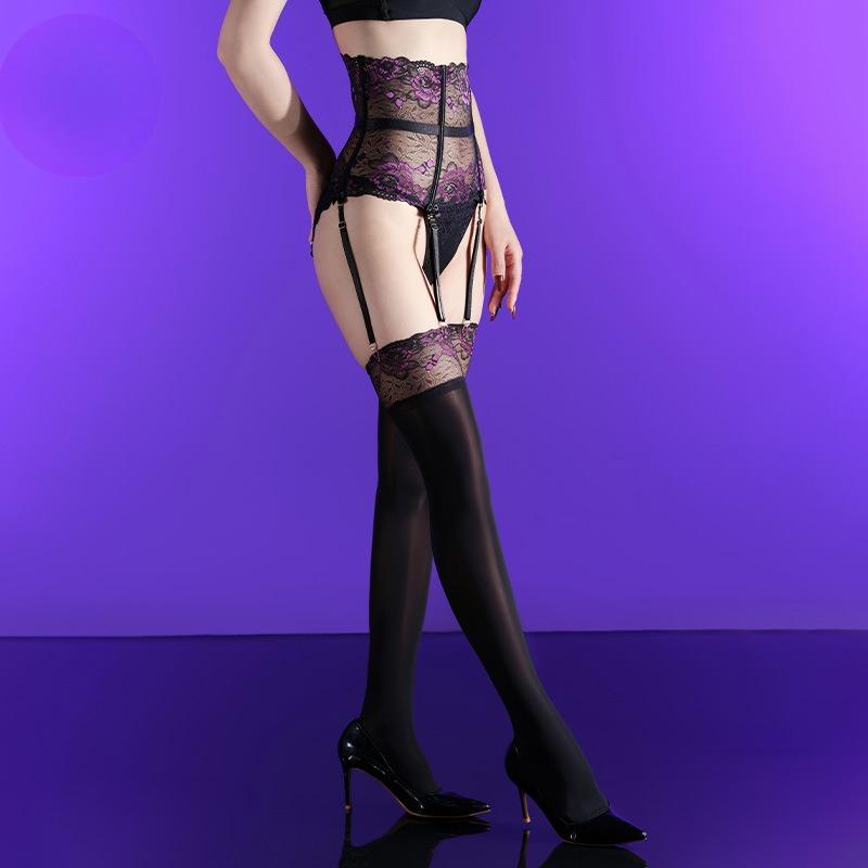 Women Sexy Stockings Lace Floral Oil Shiny Ultra-Thin Pantyhose Garter Belt High Waisted Transparent High Socks Night Club Wear