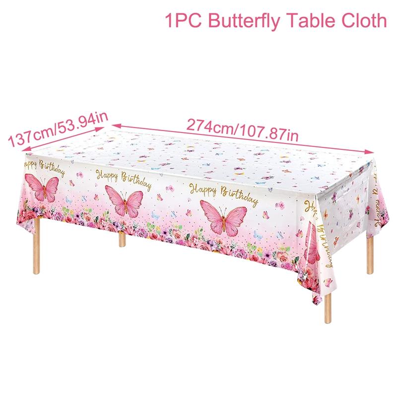 Pink Purple Butterfly Waterproof Tablecloth Spring Butterfly Theme Birthday Party Decoration Girl 1st Birthday Party Baby Shower