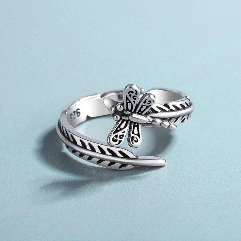 Silver Color Retro Dragonfly Leaf Ring For Women Simple Party Jewelry Gift  New Dropshipping
