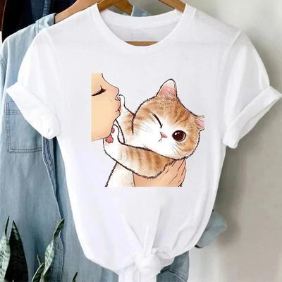 Sommer Niedliches Katzenmuster Bedrucktes T-Shirt mit Atmungsaktivem Mikro-Elastischem Modischem Kurzarm Weißem Minimalistischem Vielseitigem Oberteil