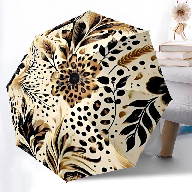 1pc Leopard Floral Automatic Folding Umbrella with 8-Rib Windproof Design, Portable Foldable Sunshade Umbrella For Halloween 010