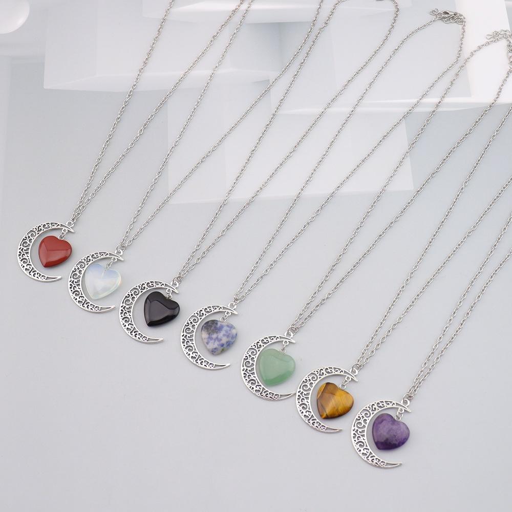 Natural Stone Crystal Amethyst Powder Crystal Moon Love Pendant Necklace Hollow Pendant Couple Necklace N164