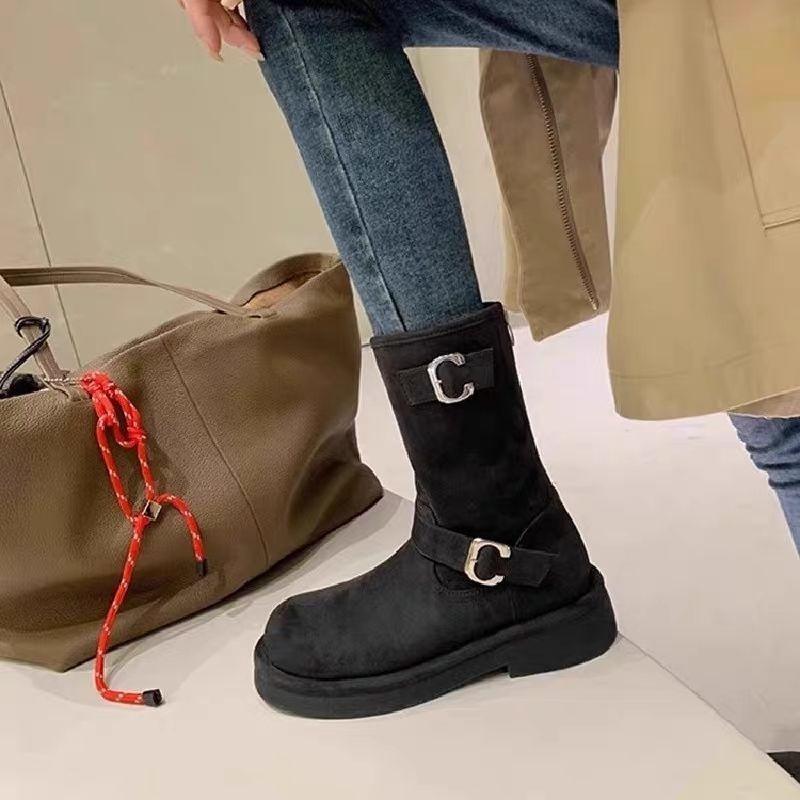 Fashion Autumn Winter Suede Ladies Mid Calf Shoes Round Toe Platform Women's Half High Boots Y2k Chic and Elegant Hot New In Goth Boot