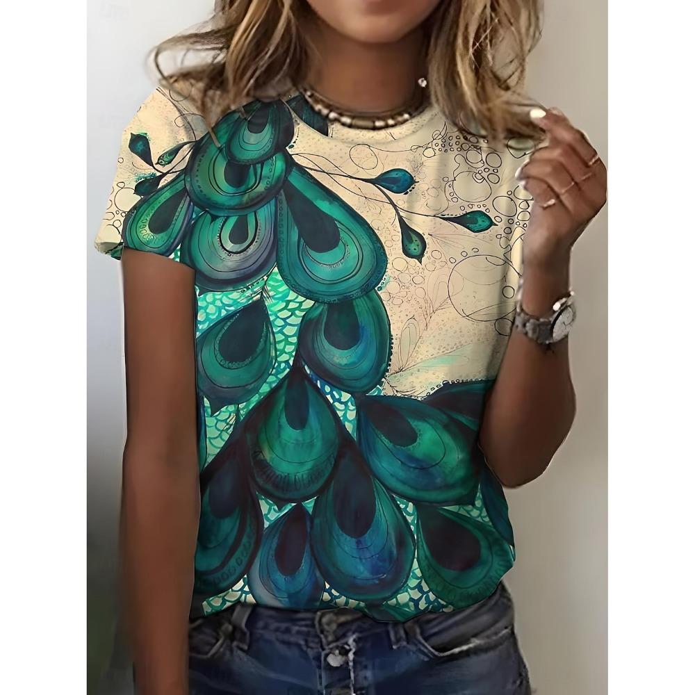 Fashion Summer T-shirt Women Ombre Graphic Feather Trendy Classic Short Sleeve Crew Neck T-shirts Round Neck Regular Tops