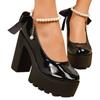 Black Patent Leather Platform Pumps Women Summer Back Bowtie High Heels Shoes Woman Pearl Ankle Strap Lolita Shoes