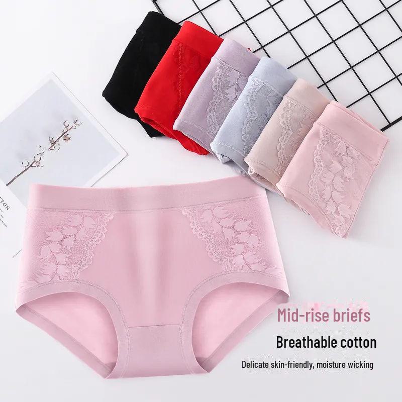 Ropa interior de algodón con encaje de cintura media para mujer: bragas transpirables, suaves y sexys de talla grande.