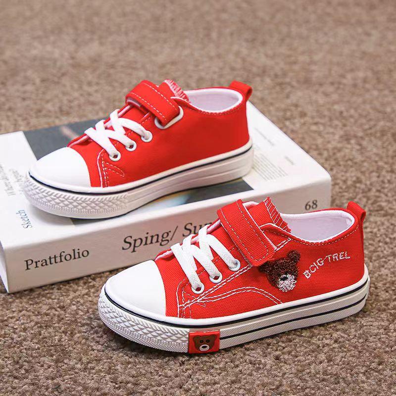 

Children s shoes, kids bear canvas shoes, fashionable student white shoes, boys and girls Velcro sneakers 31-37One Hand7Double червоний