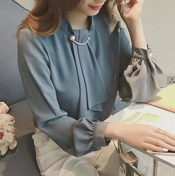 

Korean Style Lantern Sleeve Knitted Ring Buckle Chiffon Blouse - Women s Long Sleeve Pullover Top 2XL синій