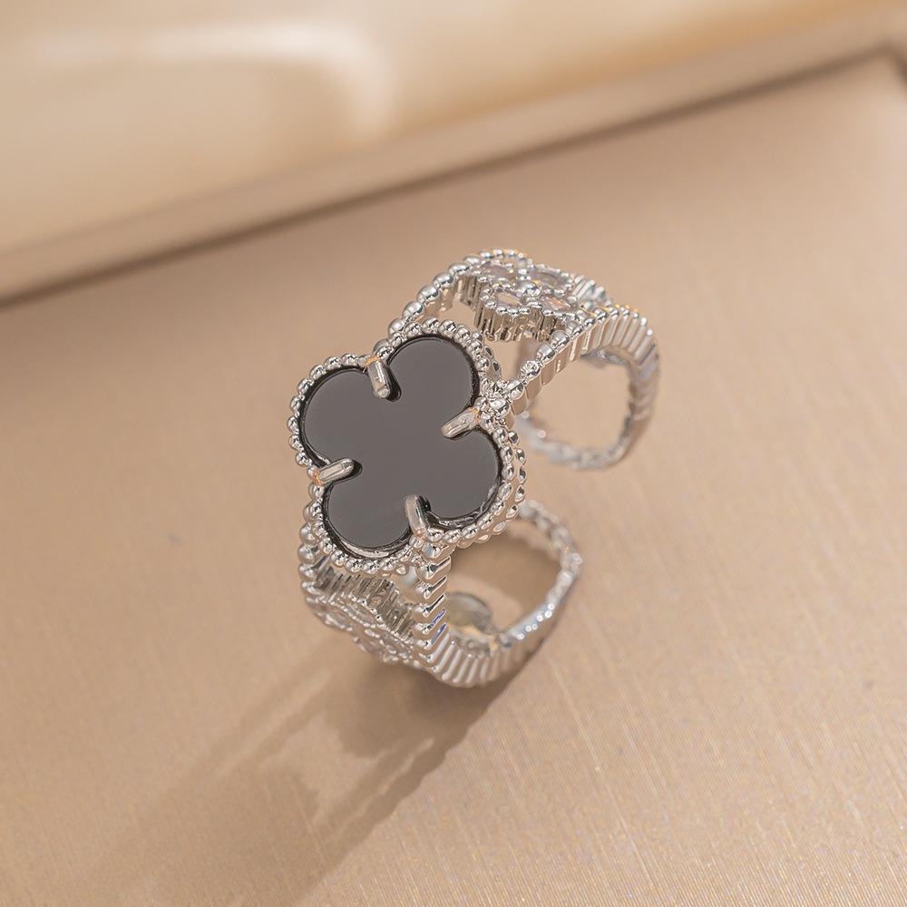 Fashion Ring Senior Sense of Light Luxury Four-leaf Clover Zirconia Ring Female Retro Opening Adjustable Ring