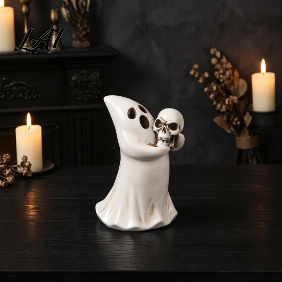 Vintage Style Ghost Statue Halloween Figurine with Skull Resin for Tabletop Decor Creative Holiday Gift Friends Retro Gothic Ornament Home