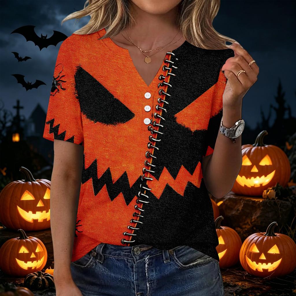 Women Casual V Neck Button Front Halloween Print T Shirt Top Three Quarter Sleeve Lightweight Soft Fabric Relaxed Fit