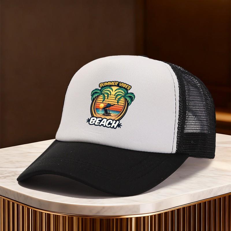 Summer Vibes Beach Sunset Palm Tree Trucker Hat Adjustable Polyester Mesh Cap for Casual Outdoor One Size