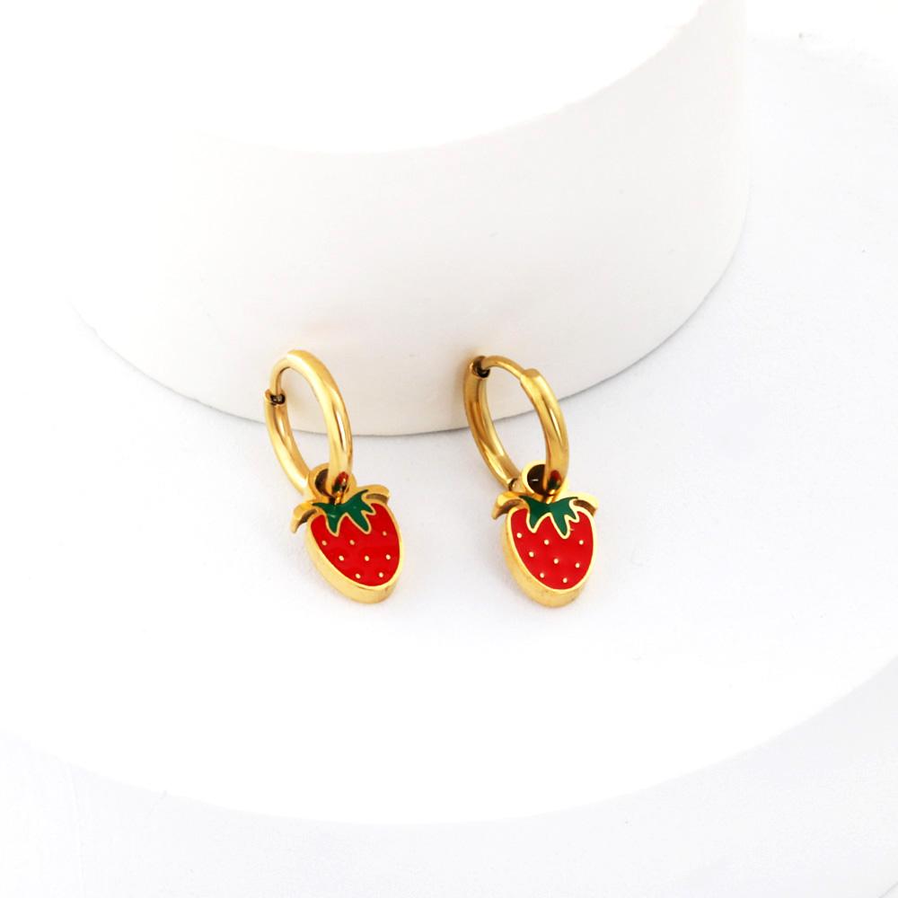 Stainless Steel Hoop Earrings Trendy Cartoon Strawberry Cherry Pendants Women Girls Round Huggie Earrings Dangles Party Jewelry