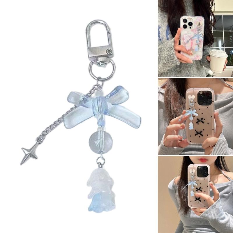 Bowknot Flower Bead Charm Keychains Sweet Cute Pendant Hanging Ornament Keyring Backpack Decoration for Women Girls