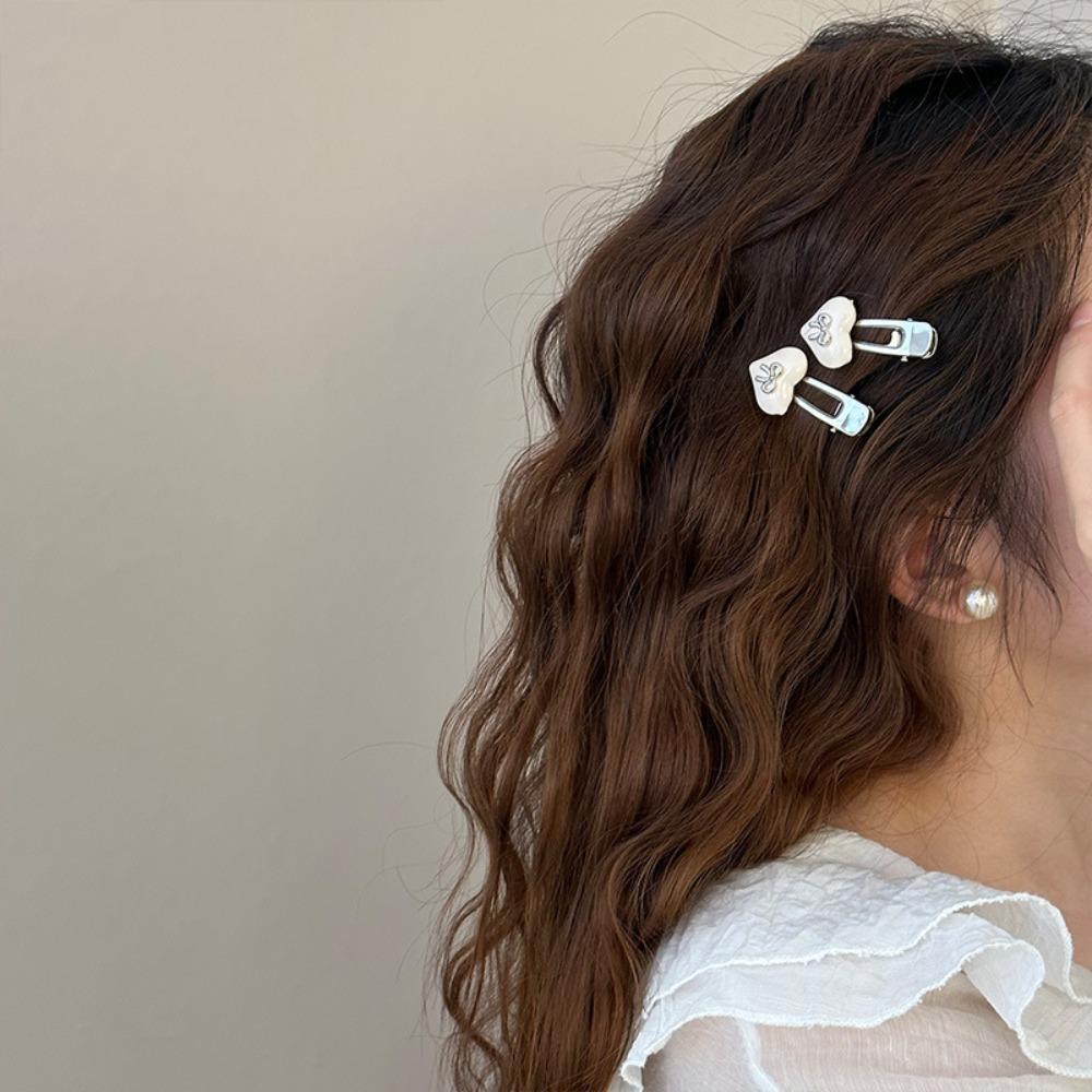 2pcs Sweet Love Bow Hair Clip Korean Style Duckbill Clip Mini Love Heart Hair Clip  Ladies