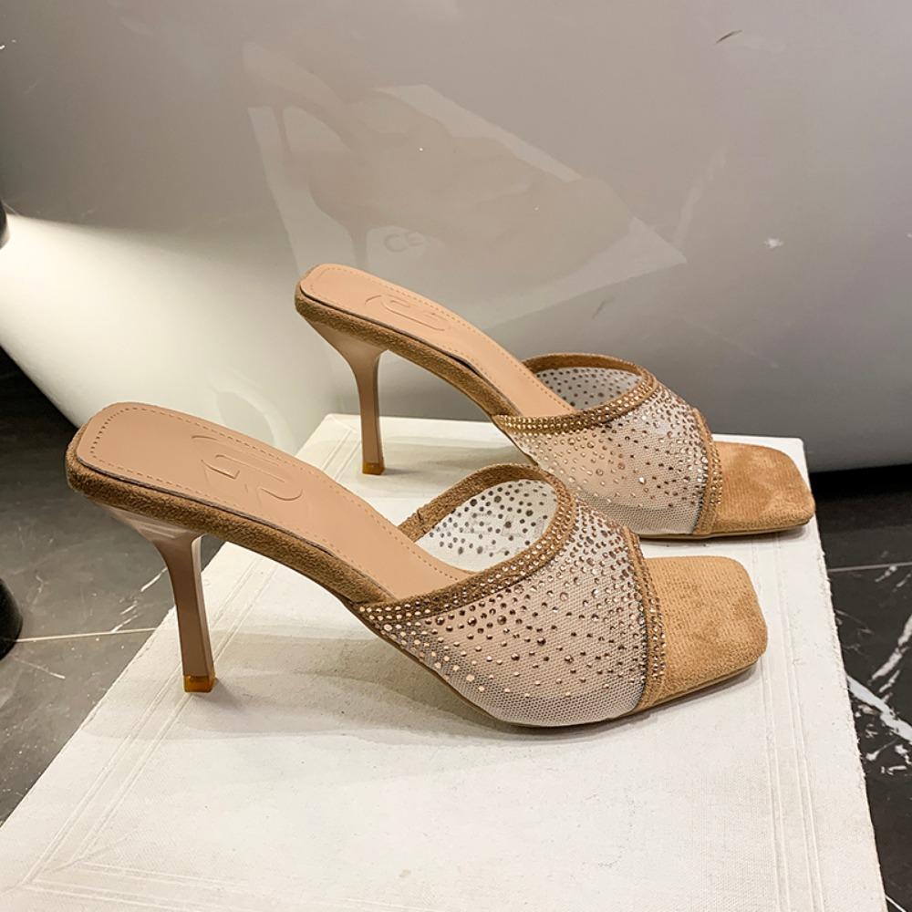 Fashion Versatile High Heel Slippers Square Head Rhinestone Decoration One-piece Strap Sandals Casual Elegant Women's Shoes