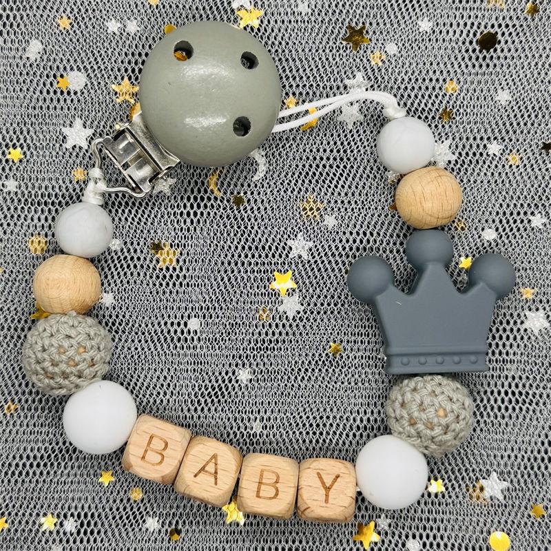 Individueller Personalisierter Name Handgefertigt Buchenholz Schnullerclip Halter Kette Silikon Krone Perle Beißring Baby Zahnen Geschenk