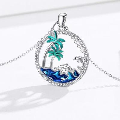 S925 Sterling Silver Summer Breeze Blue Ocean Coconut Pendant Hollowed Out Fashion Design Necklace