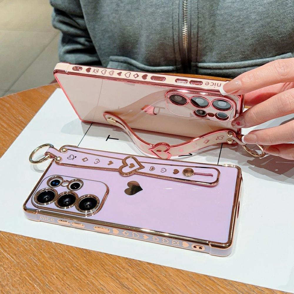 For Samsung Galaxy S26 Ultra Case Wristband Kickstand Electroplated Love Heart TPU Phone Cover Finger Holder