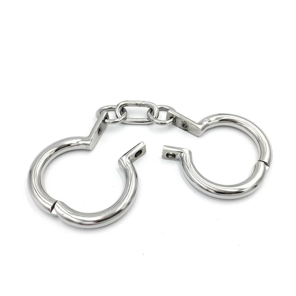 Polished Shining Stainless Steel Oval Wrist Ankle Cuffs Restraint Slave Handcuff Chain Connected Bracelet Bondage  Adult Toy
