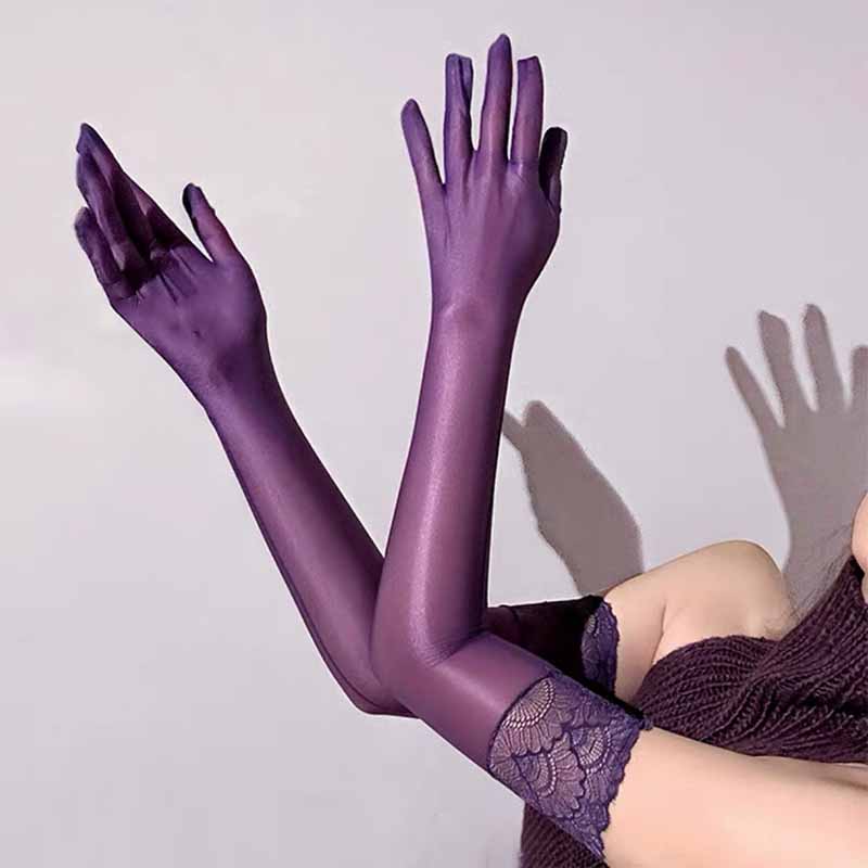 Damen Sexy Hohe Elastizität Spitze Öl Glatt Lange Strümpfe Handschuhe Hochzeitsfeier Club Nachtclub Durchsichtig Cosplay Zubehör blue