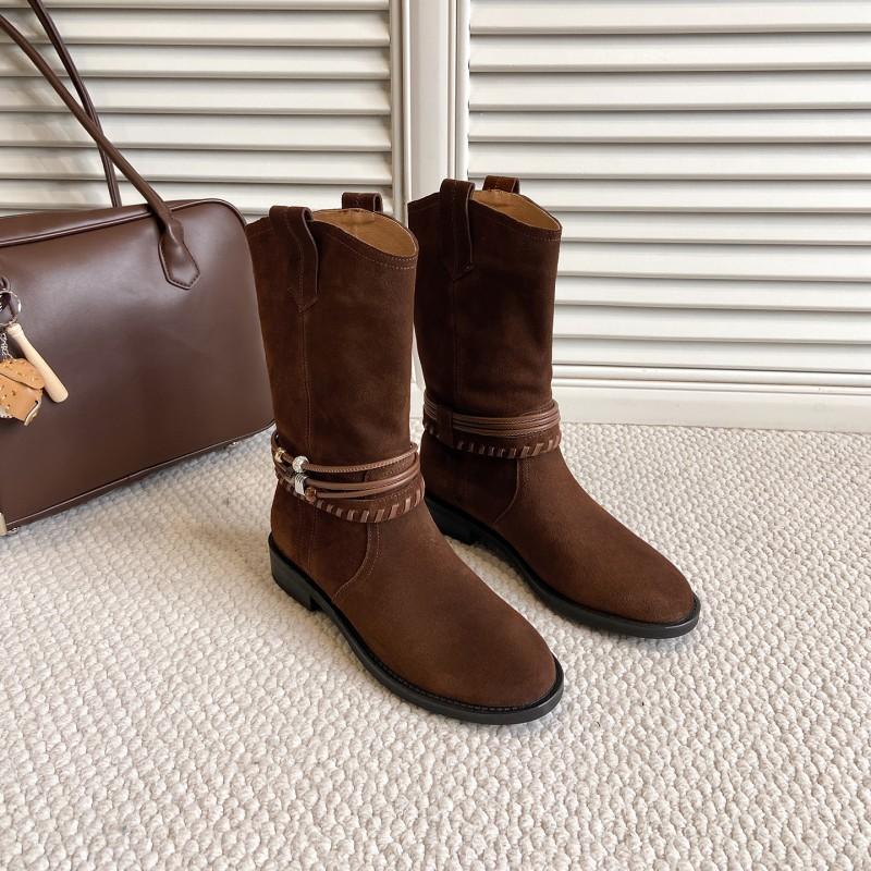 3cm Fashion Cow Suede Western Boots Women Round Toe Block Heel Slip On Ankle Fall Winter