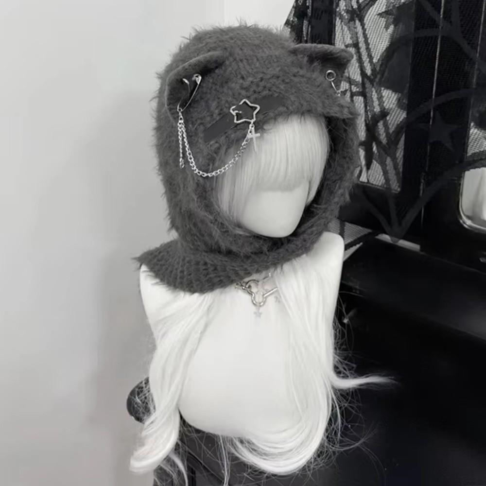 New Harajuku Japanese Cat Ear Hat Cross Chain Leather with Scarf Women Y2K Punk Knitted Caps Buckle Warm Ear Flap Hat