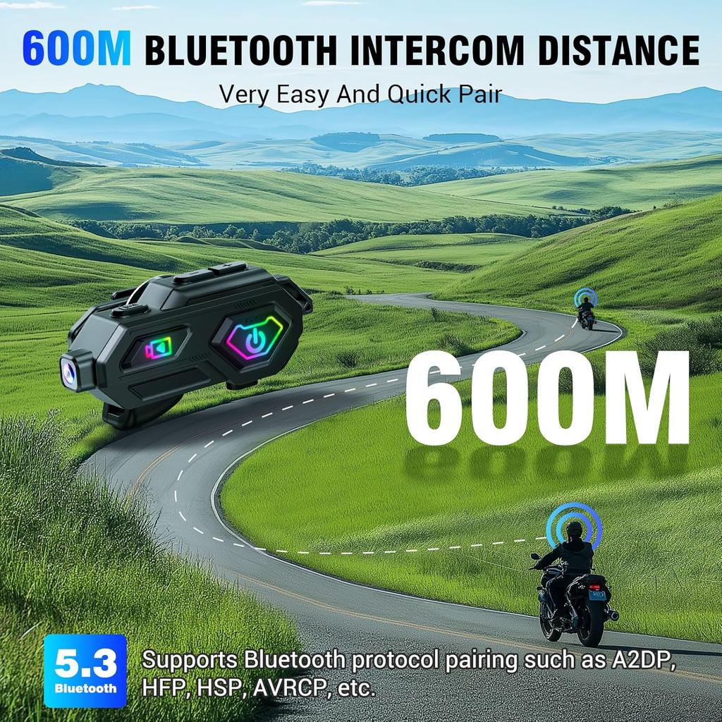 IPX6 Motorcycle Bluetooth 5.3 Intercom 1080P Dashcam 120° Camera 50H Battery