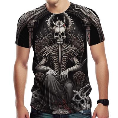 T-shirts de Verão de Gola Redonda com Estampa Gráfica 3D de Rei Esqueleto Gótico, T-shirts Masculinas Casuais da Moda de Manga Curta