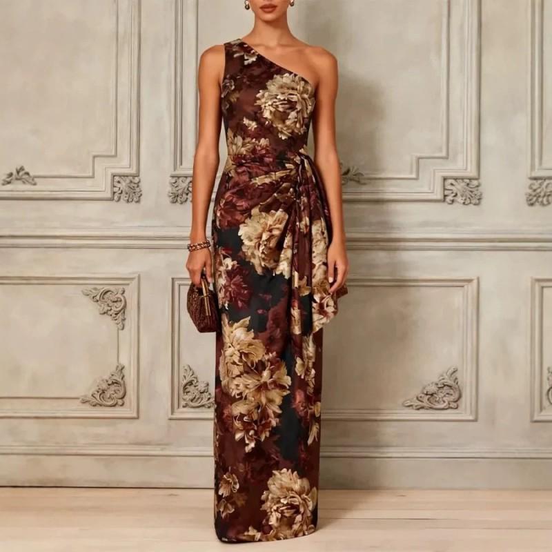 Elegant Floral Print Wrap-Style Off-Shoulder Maxi Dress With Waist Tie Slim Fit Flowy Long Gown Office Evening