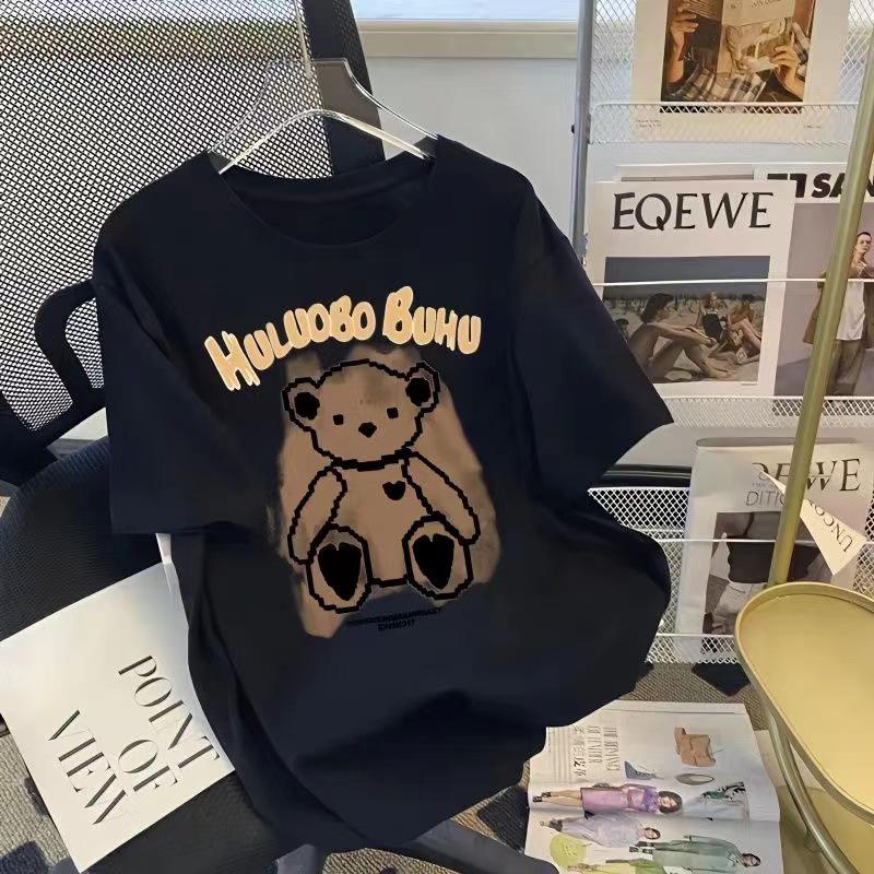 Women's Retro Little Bear Cotton T-Shirt - 2026 Summer Short Sleeve Loose Fit with Cartoon Print for Girls