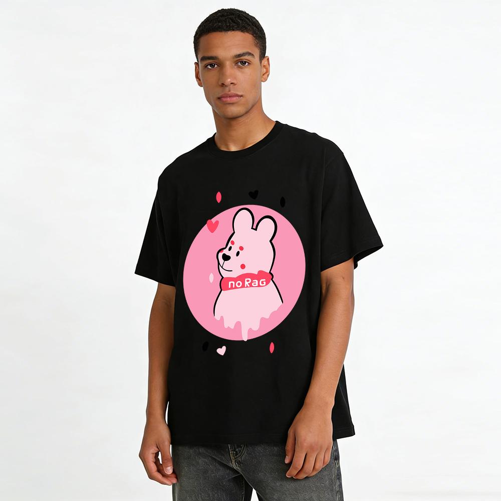 Cute Melted Pink Bear Print T-Shirt Casual No Rag Theme Loose Crewneck Top For Daily Wear Pure Cotton T-shirt