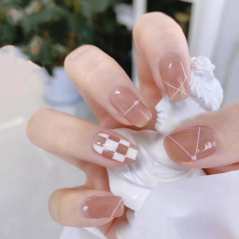 

Checkerboard Removable Nail Art with Simple Lines and Jelly Glue Glue Set