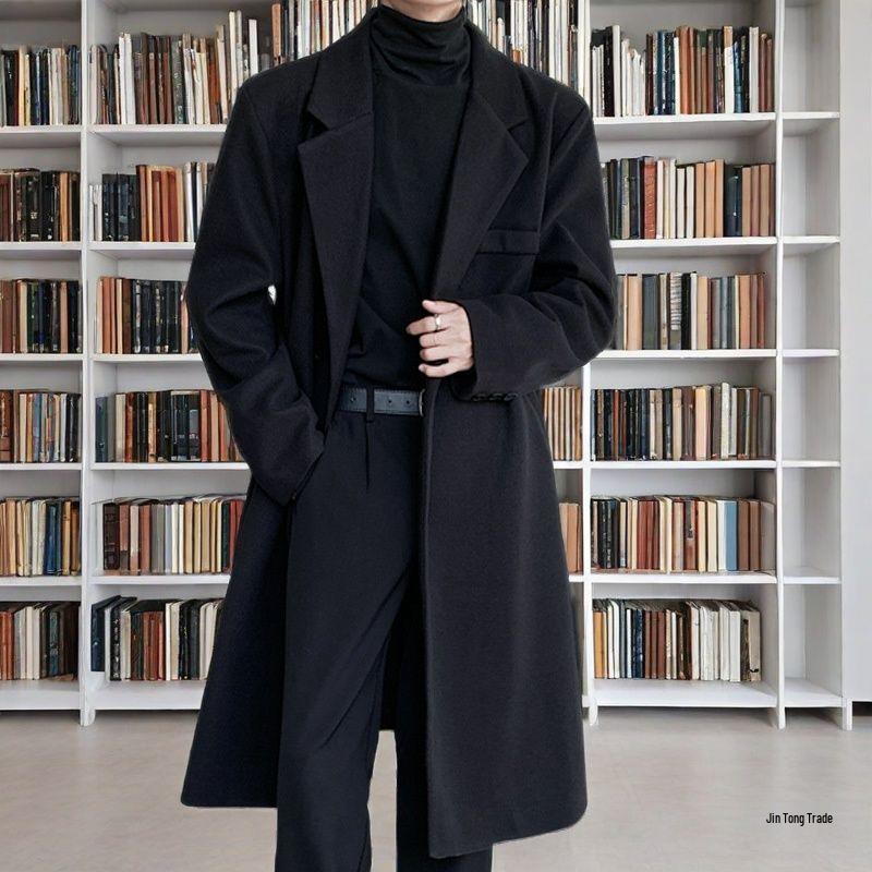 Męski casualowy wełniany płaszcz trencz w stylu koreańskim - zimowa kurtka średniej długości za kolano