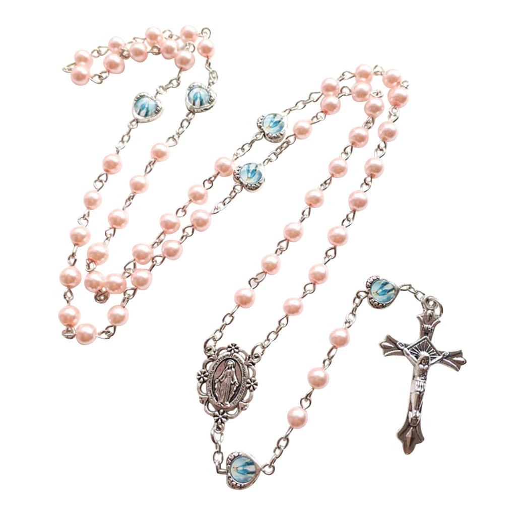 Crucifix Cross-Charm Long Chain Rosary Beads Catholic Necklace for Women Christian Amulet Necklace Religious Jewelry
