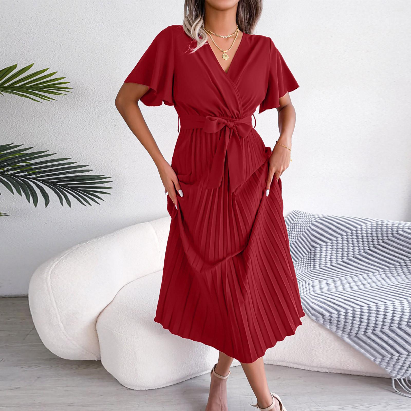 

Temperament Female Spring And Summer Cross V-neck Large Pleated Dress S червоний