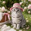 Yousheng Pet Straw Hat, Embroidered Floral Summer Cat Hat, Woven Scalloped Edge Pet Sun Hat with Adjustable Strap for Cats And Small Dogs
