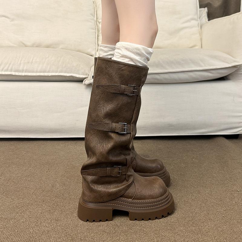 Pants Boots Women's Boots 2025 New Autumn British Style Belt Buckle Thick Sole Height Increase Thin Boots Children