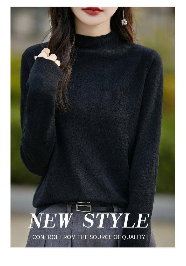 Women's Korean-Style Wool Knit Sweater - Autumn Collection, Half-High Neck, Carved Design