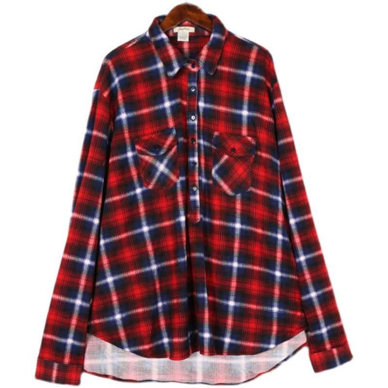 

Spring & Fall Vintage Stripe Loose Long Sleeves Gingham Shirt Red and Blue 3X