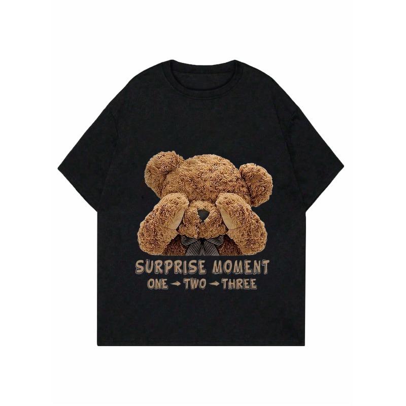 Women Casual T Shirt Black Teddy Bear Cover Eyes Surprise Moment One Two Three Print Top For Daily Wear Party Outing