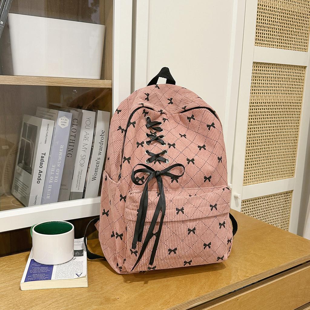 Schoolbag plaid schoolbag junior high school girl college student high school student cute bow ribbon velvet backpack computer backpack