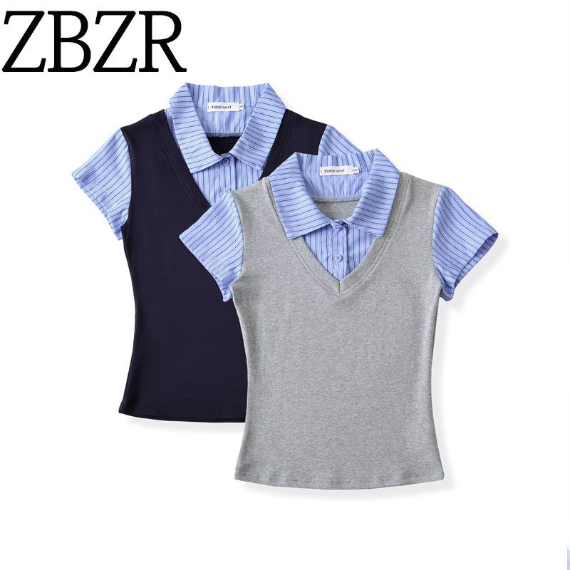 Zbzr Spring New Women Clothes Western Style American Vintage Fake Two Pieces Shirts Patchwork Short Sleeve Leisure Top