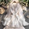 3D Floral Beach Short Dress Female Long Sleeves Lace Up Ruffle Chiffon Cake Sundress Sheer Sexy Vintage Bohemian Dress