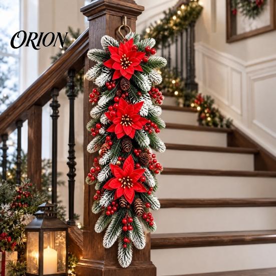 Festive Snowy Pine Needle Swag Holiday Entrance Wall Ornament, Red Poinsettia Berry Decor, Natural Decor Cone Hanging Swag, Needles Scandinavian Home