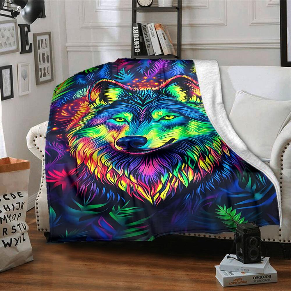 1pc Wolf, Neon Art Blanket Lightweight Blanket Throw Blanket For Sofa, Bed, Travel, Camping, Livingroom, Office, Couch, Chair yy251010031