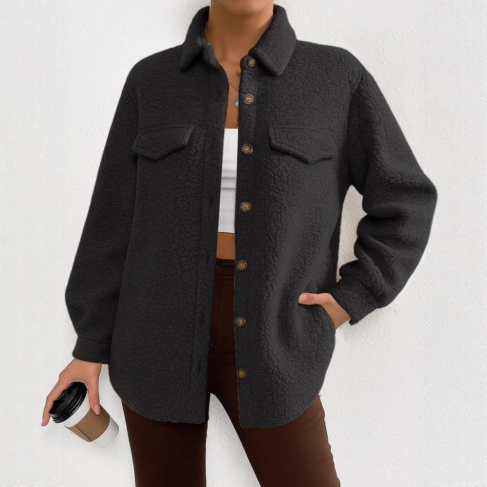 Women's Fashionable Solid Color Long Sleeved Lapel Button Coat Jacket