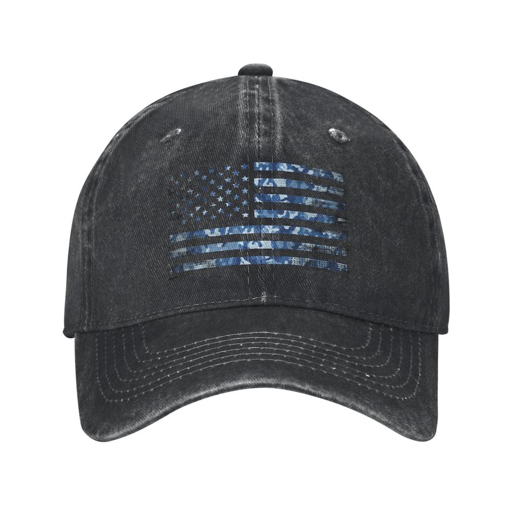 Blue Camo Thin Line Flag Washed Baseball Cap Distressed Denim Adjustable Casual Hat