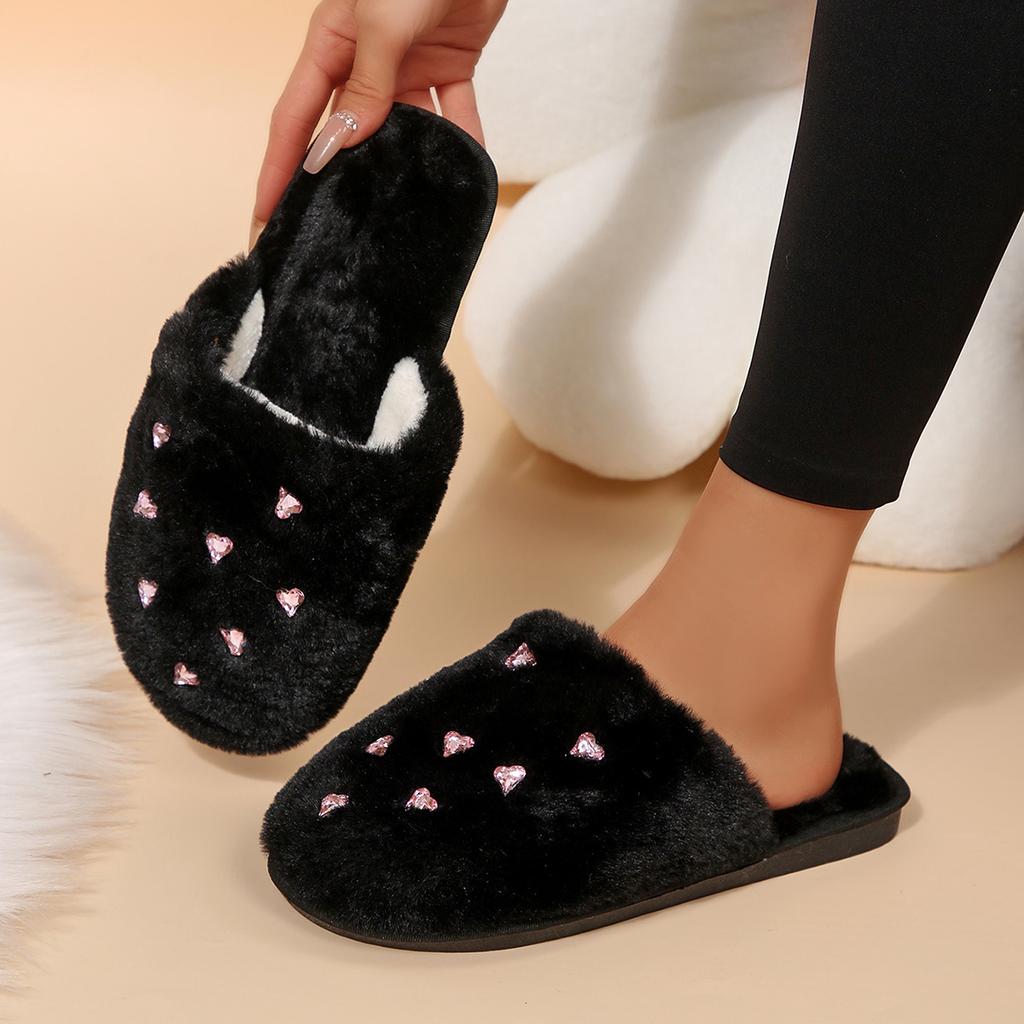 Fashion Sweet Glitter Heart Furry Mules Slippers Women 2025 Winter Warm Short Plush Cover Toe Slippers Soft Faux Fur Indoor Slippers