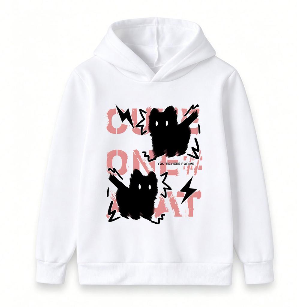 Kids Boys Girls Hoodie Sweatshirt, Cute Fluffy Black Cat Print Pullover, Casual Long Sleeve Loose Fit Hooded Tops for Daily Street Wear